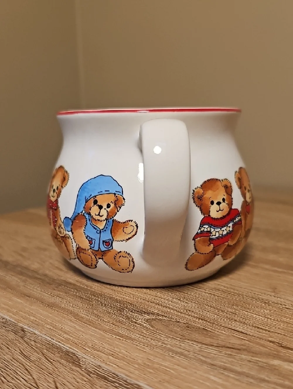 Vintage Enesco Lucy & Me White Ceramic Mug with Cute Bear Row and Red Rim